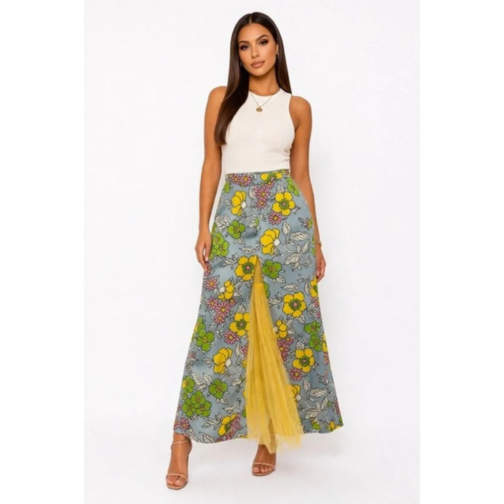 Tory Burch Upcycled Floral Maxi Skirt with Yellow Tulle Godet Slit Size 4